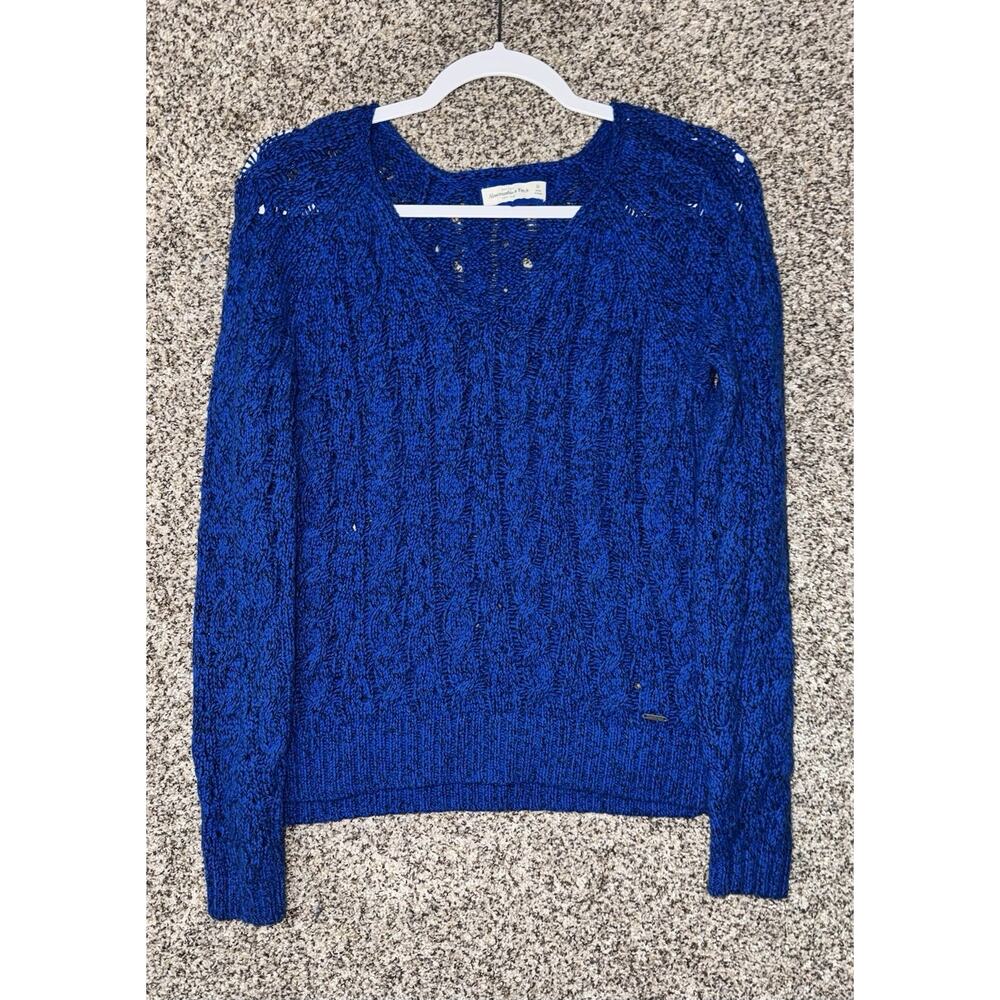 Y2K Preppy Abercrombie & Fitch V-Neck Blue Cable Knit Sweater Sz M Cozy Academia